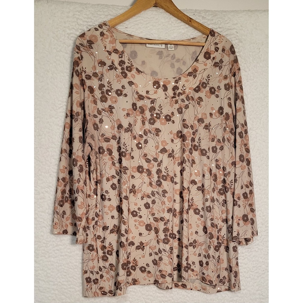 Susan Graver Womens Floral Blouse Size 2X Brown 3/4 Sleeve USA 1512